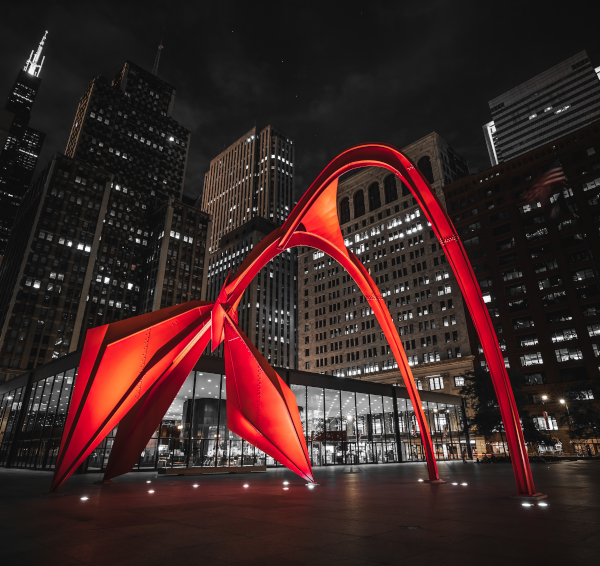 large red lighted sculpture