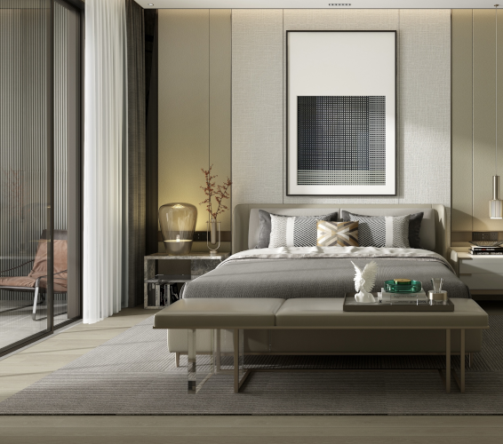 Bedroom with white bed and tables at foot of bed and side of bed